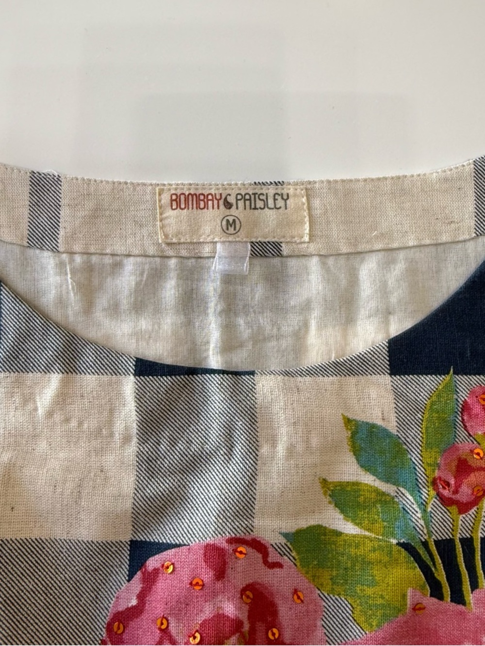 Navy and Cream Gingham Maxi Dress with Pink Floral Detail Size Medium NWOT - Picture 4 of 9